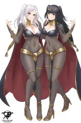 Rule 34 | 2girls, absurdres, artist logo, artist name, black hair, blush, bodystocking, breasts, brown eyes, cape, cleavage, cleavage cutout, clothing cutout, commission, cosplay, fire emblem, fire emblem awakening, full body, hair ornament, high heels, highres, kaos art, large breasts, long hair, multiple girls, navel, nintendo, patreon username, robin (female) (fire emblem), robin (fire emblem), simple background, stomach, tharja (fire emblem), tharja (fire emblem) (cosplay), twintails, white background, white hair