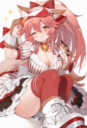 Rule 34 | 1girl, :3, animal ear fluff, animal ears, animal hands, ass, bell, blush, bow, breasts, cleavage, collar, commentary, fate/grand order, fate (series), fox ears, fox girl, fox tail, gloves, heart, highres, knees up, large breasts, long hair, looking at viewer, lostroom outfit (fate), muryotaro, one eye closed, pink hair, puffy short sleeves, puffy sleeves, red thighhighs, ribbon, shoes, short sleeves, sitting, smile, solo, symbol-only commentary, tail, tamamo (fate), tamamo cat (fate), thighhighs, thighs, translation request, white footwear