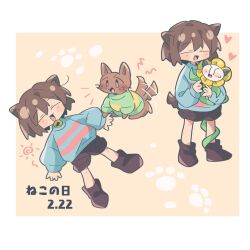 Rule 34 | 1boy, 2others, animal ears, asechiruk, blush, boots, brown footwear, brown hair, brown pants, cat, cat ears, cat tail, chara (undertale), deltarune, flowey (undertale), frisk (undertale), highres, multiple others, open mouth, pants, shirt, striped clothes, striped shirt, tail, undertale
