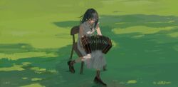 Rule 34 | 1girl, absurdres, accordion, aqua eyes, black hair, black ribbon, brown footwear, brown socks, chair, collared shirt, commentary, dated, day, english commentary, field, floating hair, frilled shirt, frills, full body, grass, highres, instrument, long hair, music, neck ribbon, original, outdoors, playing instrument, pleated skirt, ribbon, shirt, short sleeves, signature, sitting, skirt, socks, solo, white shirt, white skirt, wide shot, xilmo