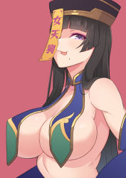Rule 34 | 1girl, black hair, blunt bangs, blush, breast curtains, breasts, cleavage, closed mouth, collarbone, dead or alive, hat, hime cut, jiangshi, konishiki (52siki), large breasts, long hair, looking at viewer, mole, mole under mouth, nyotengu, pink hair, purple eyes, qingdai guanmao, simple background, smile, solo, tongue, upper body