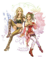 Rule 34 | 1990s (style), 2girls, blonde hair, blue eyes, boots, bridal gauntlets, celes chere, cocoon (yuming4976), elbow gloves, final fantasy, final fantasy vi, fingerless gloves, flower, gloves, green hair, long hair, midriff, multiple girls, navel, pantyhose, ponytail, sword, thighhighs, tina branford, weapon
