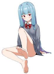 Rule 34 | 1girl, barefoot, blue hair, feet, foot focus, foreshortening, highres, kotonoha aoi, long hair, red eyes, satou (su9arsatou), school uniform, simple background, sitting, solo, toes, voiceroid, white background