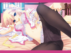 Rule 34 | 1girl, ama ane, bed, black pantyhose, blonde hair, blue eyes, bow, bow bra, bow panties, bra, breasts, cleavage, clothes pull, hair ornament, hair ribbon, hairclip, highres, kikurage (plastic people), lace, lace-trimmed bra, lace-trimmed panties, lace trim, large breasts, leg up, lingerie, long hair, looking at viewer, lying, mouth hold, navel, no pants, on side, open clothes, open shirt, panties, panties under pantyhose, pantyhose, pantyhose pull, pink bra, pink panties, ribbon, ribbon in mouth, shirt, side ponytail, solo, takashina natsumi, underwear, undressing