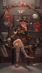 Rule 34 | 1girl, absurdres, black hat, black shorts, book, breasts, brown hair, bug, butterfly, chinese clothes, crossed legs, flower, full body, genshin impact, hair between eyes, hat, hat flower, highres, hu tao (genshin impact), insect, long hair, long sleeves, looking at viewer, petals, polearm, red eyes, red flower, red rose, rose, scroll, shelf, shoes, short shorts, shorts, sitting, smile, socks, star-shaped pupils, star (symbol), symbol-shaped pupils, top hat, twintails, vase, weapon, zerotabi1210