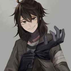 Rule 34 | 1boy, 629, adjusting clothes, adjusting gloves, ahoge, bandaged arm, bandaged neck, bandages, black gloves, brown hair, bruise, bruised eye, commentary, fang, glove pull, gloves, green jacket, grey background, grey eyes, grin, head tilt, highres, identity v, injury, jacket, long sleeves, looking at viewer, luca balsa, male focus, medium hair, messy hair, ponytail, prototype design, shirt, simple background, smile, solo, striped clothes, striped shirt