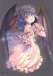 Rule 34 | &gt;:3, 1girl, :3, absurdres, bat wings, blood, fang, frills, grey background, hat, hat ribbon, highres, light purple hair, looking at viewer, mob cap, pointy ears, pop, puffy sleeves, red eyes, remilia scarlet, ribbon, scan, shirt, short hair, short sleeves, simple background, skirt, skirt set, smile, solo, touhou, v-shaped eyebrows, vest, wings, wrist cuffs