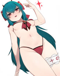 Rule 34 | 1girl, bianca (black survival), bikini, black survival, breasts, cameltoe, cleft of venus, cowboy shot, eternal return: black survival, fang, gem, green hair, hair between eyes, hand up, highres, long hair, looking at viewer, medium breasts, navel, open mouth, red bikini, red eyes, red gemstone, simple background, skin fang, smile, solo, swimsuit, thigh strap, vgb0568, white background