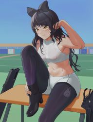 Rule 34 | 1girl, bare arms, black footwear, black hair, black pantyhose, blake belladonna, breasts, brown eyes, closed mouth, covered erect nipples, day, hair between eyes, hand in own hair, highres, pantyhose under shorts, long hair, medium breasts, midriff, navel, outdoors, pantyhose, rwby, see-through, short shorts, shorts, sitting, smile, solo, sports bra, stomach, wangxiii, wet, wet clothes, white shorts, white sports bra
