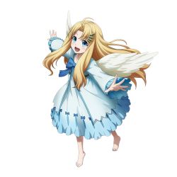 Rule 34 | 1girl, angel wings, barefoot, blonde hair, blue eyes, blue neckwear, blue ribbon, closed mouth, dress, feathered wings, filo (tate no yuusha no nariagari), floating hair, full body, hair intakes, highres, long hair, looking at viewer, off-shoulder dress, off shoulder, official art, ribbon, short dress, simple background, sketch, smile, solo, standing, tate no yuusha no nariagari, very long hair, white background, white dress, white legwear, white wings, wings