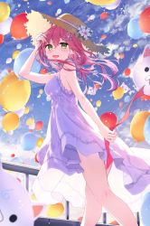 Rule 34 | 1girl, 35p (sakura miko), arm at side, balloon, breasts, dress, feet out of frame, green eyes, hair between eyes, hair ornament, hand up, hat, highres, hololive, keis (locrian1357), long hair, looking at viewer, medium breasts, open mouth, pink hair, sakura miko, sleeveless, sleeveless dress, solo, standing, straw hat, virtual youtuber, white dress