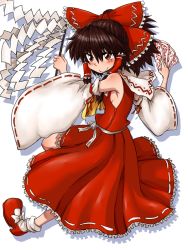 Rule 34 | 1girl, blush, bow, brown eyes, brown hair, detached sleeves, dress, from side, full body, gohei, hakurei reimu, half updo, japanese clothes, mary janes, miko, oonusa, shadow, shide, shoes, simple background, smile, socks, solo, suzurino, touhou, white background