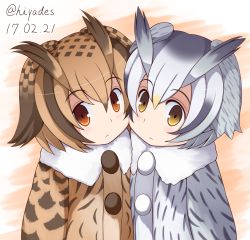 Rule 34 | 10s, 2girls, artist name, brown eyes, brown hair, buttons, cheek-to-cheek, commentary request, dated, eurasian eagle owl (kemono friends), fur collar, fur trim, hanzaki hiya, head wings, heads together, hiyades, jacket, kemono friends, looking at viewer, multicolored hair, multiple girls, northern white-faced owl (kemono friends), short hair, symmetrical pose, twitter username, upper body, white hair, wings, yellow eyes