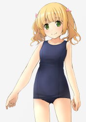 Rule 34 | 1girl, blonde hair, blue one-piece swimsuit, blunt bangs, breasts, collarbone, commentary request, cowboy shot, flat chest, gluteal fold, green eyes, highres, medium breasts, old school swimsuit, one-piece swimsuit, original, school swimsuit, shibacha, simple background, solo, swimsuit, twintails, white background