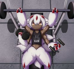Rule 34 | 1girl, barbell, bench press, black tank top, brown eyes, claws, contemporary, dark-skinned female, dark skin, dumbbell, exercising, extra arms, faputa, fewer digits, from above, hair between eyes, highres, holding, made in abyss, monster girl, smugbuns, tank top, very dark skin, weightlifting, white fur