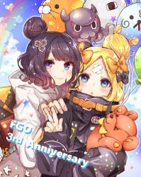 Rule 34 | &gt; o, 2girls, abigail williams (fate), abigail williams (traveling outfit) (fate), absurdres, animal, anniversary, balloon, black bow, black hat, black jacket, blonde hair, blue eyes, blue sky, blush, bow, closed mouth, cloud, commentary request, copyright name, day, fate/grand order, fate (series), fingernails, fou (fate), grey hoodie, hair bow, hand on another&#039;s shoulder, hand up, hat, heart, highres, hood, hood down, hoodie, hugging object, jacket, katsushika hokusai (fate), katsushika hokusai (traveling outfit) (fate), long hair, long sleeves, looking at viewer, medjed (fate), multiple girls, octopus, official alternate costume, one eye closed, orange bow, outdoors, parted bangs, parted lips, polka dot, polka dot bow, purple hair, rainbow, sky, sleeves past fingers, sleeves past wrists, smile, stuffed animal, stuffed toy, teddy bear, v, yui (tamagohan)