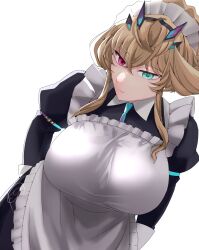 Rule 34 | 1girl, absurdres, alternate costume, apron, barghest (fate), black dress, blonde hair, breasts, dress, enmaided, fate/grand order, fate (series), frilled apron, frills, green eyes, heterochromia, highres, huge breasts, juliet sleeves, kankitsu kei, long hair, long sleeves, looking at viewer, maid, maid apron, maid headdress, puffy sleeves, red eyes, sidelocks, simple background, solo, white apron, white background