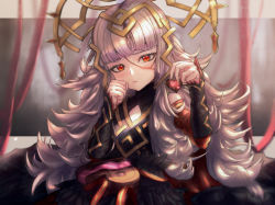 Rule 34 | 1girl, :t, candy, chocolate, chocolate heart, closed mouth, crown, feh xeri, fire emblem, fire emblem heroes, food, grey hair, hair ornament, heart, highres, holding, long hair, nintendo, pout, red eyes, solo, valentine, veronica (fire emblem)