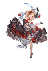 1girl blonde_hair bob_cut dagger dancer_(granblue_fantasy) dancing djeeta_(granblue_fantasy) dress female_focus flower full_body gloves granblue_fantasy knife looking_at_viewer minaba_hideo official_art red_dress rose short_hair single_glove sleeveless smile solo standing standing_on_one_leg transparent_background weapon