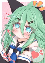 Rule 34 | 1girl, bare shoulders, black ribbon, black sleeves, blue eyes, blue neckerchief, blush, closed mouth, commentary request, detached sleeves, floral background, green hair, hair between eyes, hair ornament, hair ribbon, hairclip, heart, highres, kantai collection, long hair, looking at viewer, neckerchief, notice lines, pink background, ribbon, ridy (ri sui), sailor collar, shirt, sleeveless, sleeveless shirt, solo, spoken heart, translation request, two-tone background, white background, white sailor collar, white shirt, yamakaze (kancolle)