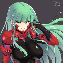 Rule 34 | breasts, commission, covered erect nipples, floating hair, fortified suit, green eyes, green hair, grey background, hair behind ear, hand in own hair, highres, large breasts, long hair, makishima azusa, muv-luv, muv-luv alternative, pilot suit, second-party source, signature, skeb commission, skin tight, smile, tsukuyomi mana, upper body, v-shaped eyebrows
