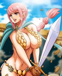Rule 34 | 1girl, breasts, cape, clothes, female focus, highres, holding, holding sword, holding weapon, long hair, looking at viewer, medium breasts, one piece, pink hair, rakara11 (rakkarts), rebecca (one piece), rock, solo, sweat, sword, warrior, weapon