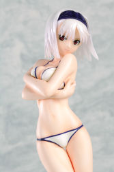 Rule 34 | 1girl, albino, bikini, blanc neige, breast hold, breasts, cleavage, cowboy shot, crossed arms, figure, grey background, hairband, halterneck, head tilt, large breasts, legs together, narrow waist, parted bangs, photo (medium), red eyes, sega, shining (series), shining tears, short hair, simple background, skindentation, smile, solo, standing, stomach, swimsuit, thigh gap, thighs, tony taka, white bikini, white hair