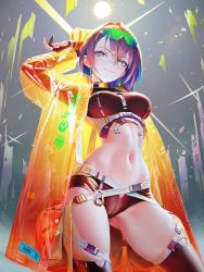 Rule 34 | 1girl, absurdres, arms up, belt, black shorts, closed mouth, highres, nababa, navel, purple hair, raincoat, short shorts, shorts, solo