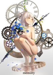 Rule 34 | 1girl, :o, absurdres, anklet, ass, barefoot, blue flower, breasts, camera, clock, completely nude, dampi, feet, flower, grey hair, highres, holding, holding camera, jewelry, legs, looking to the side, medium breasts, nude, one side up, open mouth, orange eyes, original, shiny skin, short hair, solo, squatting, tiptoes, toes