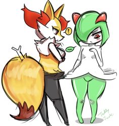 Rule 34 | 2girls, animal ear fluff, animal nose, bad id, bad pixiv id, blush, braixen, breast envy, breasts, colored skin, creatures (company), crossed arms, fox, game freak, gen 3 pokemon, gen 6 pokemon, green hair, kirlia, large breasts, multiple girls, nintendo, no pussy, pokemon, pokemon (creature), red eyes, skirt, small breasts, snout, stick, teddy jack, thick thighs, thighs, white skin