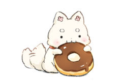Rule 34 | afterimage, animal, animal focus, blush, chocolate doughnut, collar, commentary request, dog, doughnut, eating, food, food focus, full body, holding, holding food, original, red collar, short eyebrows, simple background, tail, tail wagging, thick eyebrows, wataame27, white background