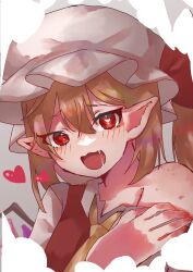 Rule 34 | 1girl, absurdres, ascot, blonde hair, flandre scarlet, hat, hat ribbon, heart, highres, mob cap, open mouth, pointy ears, red eyes, red ribbon, ribbon, rokka (rokka937), saliva, saliva trail, single bare shoulder, solo, touhou, upper body, yellow ascot