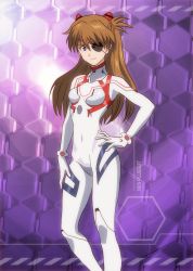 Rule 34 | 1girl, artist request, blue eyes, breasts, brown hair, curvy, english text, evangelion: 3.0+1.0 thrice upon a time, eyepatch, hand on own hip, highres, interface headset, long hair, looking at viewer, neon genesis evangelion, plugsuit, rebuild of evangelion, simple background, small breasts, smile, solo, souryuu asuka langley, standing, twintails