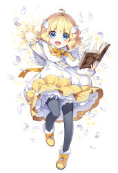 Rule 34 | 1girl, black pantyhose, book, bow, bowtie, feathered wings, feathers, full body, fur trim, hair ornament, holding, holding book, long sleeves, nardack, open mouth, original, pantyhose, puffy sleeves, shoes, short eyebrows, solo, white background, wings