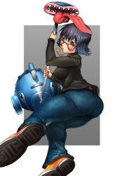 Rule 34 | 1girl, artist request, ass, back, black hair, blush, breasts, chain, cross, denim, covered erect nipples, female focus, glasses, highres, holding, hunter x hunter, jeans, jewelry, large breasts, long sleeves, long tongue, looking at viewer, looking back, messy hair, necklace, pants, parted lips, shirt, shizuku murasaki, short hair, solo, tongue, tongue out, turtleneck, vacuum cleaner, yellow eyes