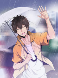 Rule 34 | 1boy, :d, ace of diamond, blurry, blurry background, brown hair, cat-24 (xmaru), collarbone, closed eyes, facing viewer, hand up, highres, holding, holding umbrella, hood, hood down, male focus, open mouth, outdoors, rain, sawamura eijun, shirt, smile, solo, transparent, transparent umbrella, umbrella, upper body, white shirt