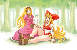 Rule 34 | bare legs, blonde hair, blue eyes, breasts, cleavage, crea rosenqueen, dress, earrings, green eyes, hairband, hand on another&#039;s knee, hat, jewelry, juliet sleeves, kururu (little princess), kururu (rhapsody), large breasts, little princess, long hair, long sleeves, looking at viewer, marl kingdom, nature, official art, open mouth, outdoors, own hands together, pink dress, puffy sleeves, puzzle piece, ryoji (nomura ryouji), sitting, smile