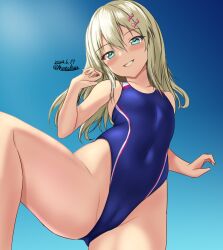 Rule 34 | 1girl, blonde hair, blue one-piece swimsuit, blush, bow, competition swimsuit, covered navel, dated, day, from below, grecale (kancolle), green eyes, hair between eyes, hair bow, highleg, highleg swimsuit, highres, kantai collection, long hair, looking at another, looking at viewer, looking down, montemasa, one-hour drawing challenge, one-piece swimsuit, outdoors, smile, swimsuit, twitter username, two-tone swimsuit