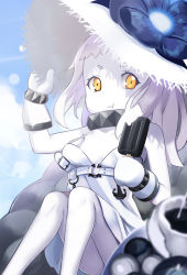 Rule 34 | 1girl, :t, abyssal ship, alternate costume, arm up, bare shoulders, colored skin, cosplay, dress, eating, flower, food, hand on headwear, hat, hat flower, kantai collection, long hair, looking at viewer, majicjiang, mittens, northern ocean princess, oversized clothes, pale skin, popsicle, seaport summer hime (cosplay), seaport summer princess, sitting, strap slip, sun hat, sundress, white dress, white hair, white hat, white skin