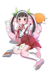 Rule 34 | 1girl, arms up, backpack, bag, blush, book, brown hair, commentary request, full body, green ribbon, hachikuji mayoi, hair ribbon, hairband, hands up, highres, itoma mahimahi, leaning back, long hair, looking at viewer, loose neck ribbon, map, monogatari (series), mouth hold, neck ribbon, pink footwear, pleated skirt, red eyes, red ribbon, red skirt, ribbon, ribbon in mouth, school uniform, shirt, short sleeves, sitting, skirt, socks, solo, straight-on, stuffed animal, stuffed toy, suspender skirt, suspenders, teddy bear, twintails, white hair, white shirt, white socks