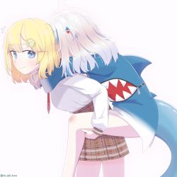 Rule 34 | 2girls, absurdres, blonde hair, blue eyes, blue hair, blush, carrying, commentary, fins, fish tail, gawr gura, hair ornament, highres, hololive, hololive english, its still kuno, multicolored hair, multiple girls, necktie, piggyback, shark tail, shirt, short hair, simple background, skirt, smile, streaked hair, tail, virtual youtuber, watson amelia, white background, white hair, white shirt