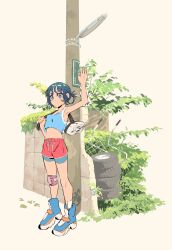 1girl arm_up bag bandaid bandaid_on_face blue_eyes blue_footwear blue_hair blue_shirt bush closed_mouth commentary_request cropped_shirt fence full_body hand_up highres holding_strap knee_guards looking_at_viewer navel open_hand original outdoors red_shorts semham shirt shoes short_hair short_shorts shorts sleeveless sleeveless_shirt solo standing unused_tire utility_pole