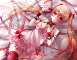 Rule 34 | 1girl, absurdres, blonde hair, blush, bow choker, box, bracer, breasts, candy, chocolate, chocolate heart, choker, closed mouth, dress, dress shirt, food, gift, gift box, hair ornament, heart, highres, hose, huge filesize, kannoyoko, long hair, looking at viewer, lying, lying on person, medium breasts, moe2021, on person, original, pink dress, red eyes, red hood, shirt, simple background, smile, solo, valentine