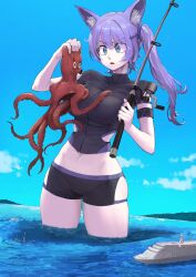 Rule 34 | 1girl, animal, animal ear fluff, animal ears, blue eyes, breasts, cruise ship, day, fang, fishing rod, fox ears, fox girl, frown, giant, giantess, highres, holding, holding animal, holding fishing rod, jun (navigavi), large breasts, long hair, mountainous horizon, navel, octopus, open mouth, original, outdoors, partially submerged, purple hair, short sleeves, shorts, side ponytail