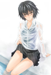 Rule 34 | 1girl, amagami, bad id, bad pixiv id, black hair, brown eyes, clothes lift, competition swimsuit, nanasaki ai, one-piece swimsuit, prime, school uniform, see-through, short hair, sitting, skirt, skirt lift, soaking feet, solo, submerged, swimsuit, swimsuit under clothes, water, wet, wet clothes