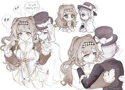 Rule 34 | 2girls, @ @, black coat, black headwear, blush, bow, checkered hairband, closed mouth, coat, commentary request, crying, dress, ghost, ghost costume, hair bun, hat, hat bow, highres, hug, jujjgam, korean commentary, korean text, limited palette, long hair, long sleeves, multiple girls, orange hair, parted lips, reverse:1999, simple background, single side bun, sonetto (reverse:1999), speech bubble, sweatdrop, tearing up, top hat, translation request, two side up, vertin (reverse:1999), white background