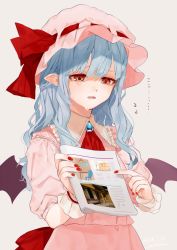 Rule 34 | 1girl, alternate hair length, alternate hairstyle, artist name, ascot, bad id, bad twitter id, bat wings, blue hair, book, brooch, cake, chair, commentary request, crying, crying with eyes open, cup, dated, dress, drinking glass, fang, food, frilled shirt collar, frills, gotou (nekocat), grey background, hat, hat ribbon, highres, holding, holding book, jewelry, long hair, mob cap, nail polish, parted lips, pink dress, pink hat, pointing, pointy ears, puffy short sleeves, puffy sleeves, red ascot, red eyes, red nails, red ribbon, remilia scarlet, ribbon, short sleeves, signature, simple background, solo, table, tears, touhou, wings, wrist cuffs