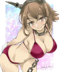 Rule 34 | 1girl, bikini, breasts, brown hair, cleavage, commentary request, cowboy shot, flipped hair, gakky, green eyes, hairband, kantai collection, large breasts, looking at viewer, mutsu (kancolle), one-hour drawing challenge, radio antenna, red bikini, short hair, smile, solo, standing, swimsuit