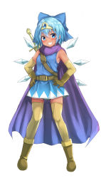 Rule 34 | 1girl, adapted costume, bare shoulders, beige legwear, belt, blue bow, blue dress, blue eyes, blue hair, blush, boots, bow, breasts, brown belt, brown footwear, brown gloves, cape, circlet, cirno, commentary request, dragon quest, dress, ebi 193, elbow gloves, full body, gloves, grin, hair between eyes, hair bow, ice, ice wings, looking at viewer, purple cape, short dress, short hair, simple background, sleeveless, sleeveless dress, small breasts, smile, solo, standing, sword, tan, thighhighs, thighs, touhou, weapon, weapon on back, white background, wings, zettai ryouiki