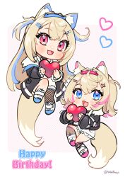 Rule 34 | 2girls, :d, absurdres, animal ear fluff, animal ears, asymmetrical legwear, black jacket, blonde hair, blue eyes, blue hair, blue hairband, chibi, english text, fuwawa abyssgard, fuwawa abyssgard (1st costume), hair ornament, hairband, hairclip, happy birthday, heart, highres, hololive, hololive english, jacket, mococo abyssgard, mococo abyssgard (1st costume), multicolored hair, multiple girls, multiple tails, open mouth, pink eyes, pink hair, pink hairband, red hairband, shibedraws, shoes, shorts, siblings, sisters, smile, streaked hair, tail, twins, twitter username, two side up, virtual youtuber, white background, white shorts
